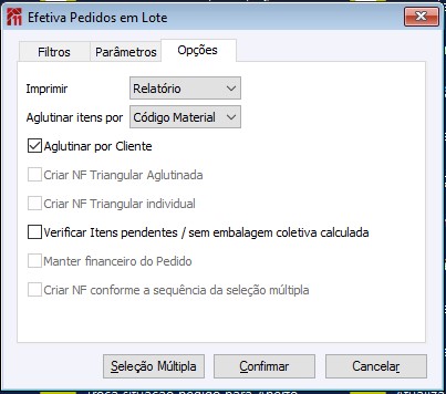 Efetivar Pedido Opções