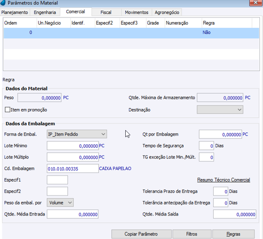 Parâmetros Material