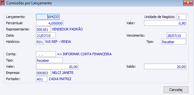 Comissões por Lançamento