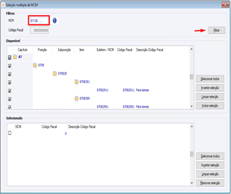 Seleção Múltipla de NCM