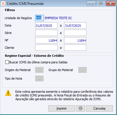 Crédito ICMS Presumido