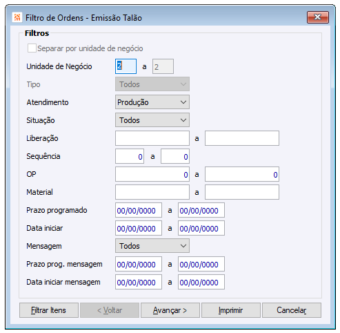Filtro de Ordens Emissão de Talão