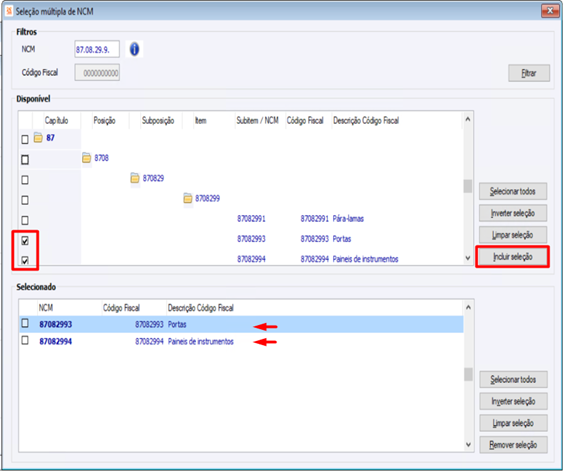 Seleção Múltipla de NCM