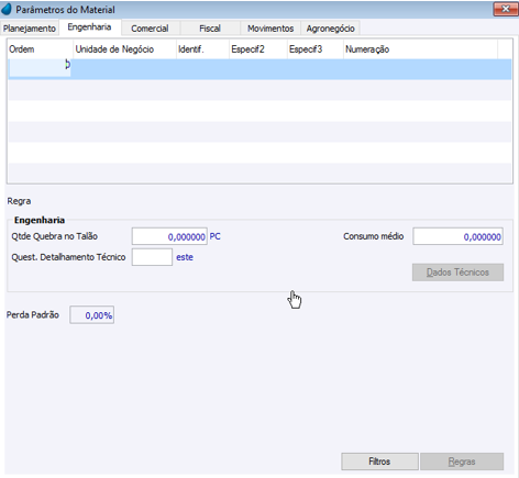 Parâmetros Material