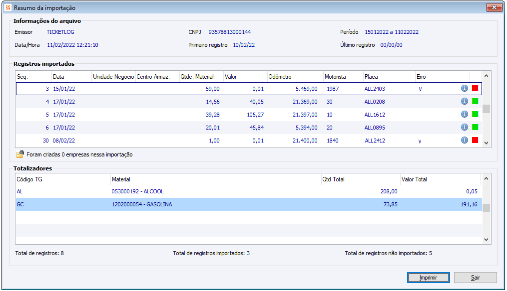 Resumo da Importação abastecimentos Ticket Log