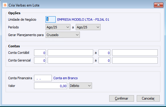 Criar Verbas em Lote