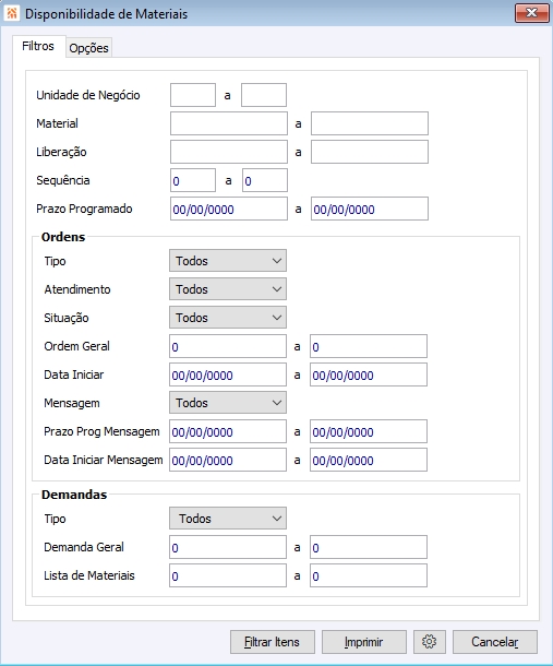 Filtro - Disponibilidade de Materiais