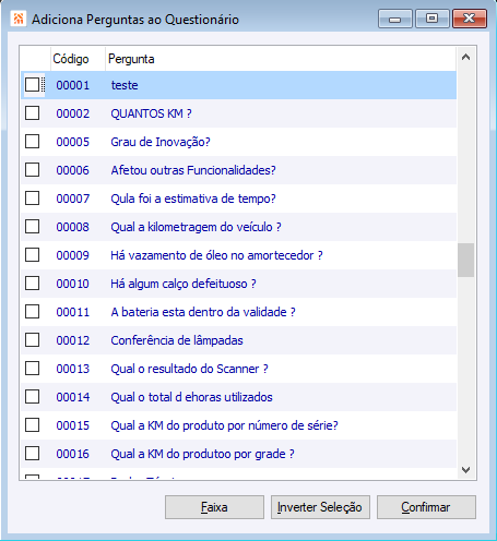 Cadastro de Perguntas Questionário