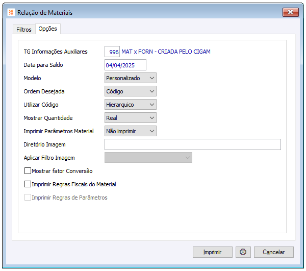 Relações de Materiais opções