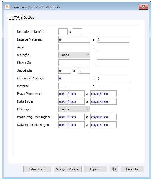 Filtro de Ordens - Impressão da Lista de Materiais