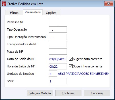 Efetivar Pedido Parâmetros