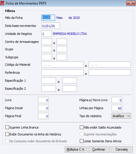 Ficha de movimentos - PEPS