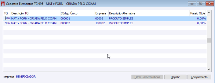 Cadastros elementos TG