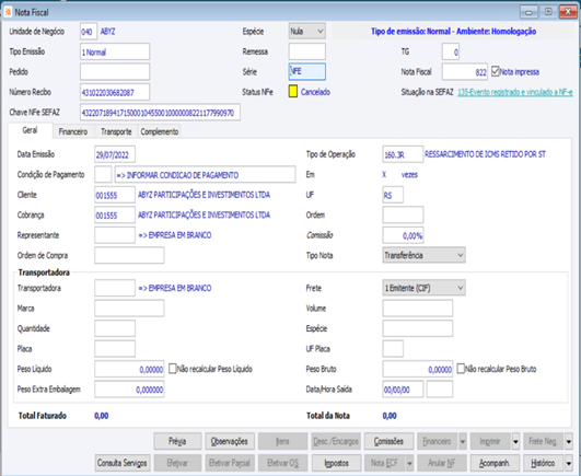 Cancelamento Nota Fiscal