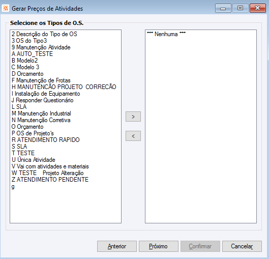 Gerar Preços de atividades