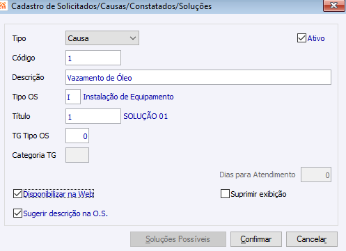 Cadastro de Solicitados/Causas/Constatados Soluções