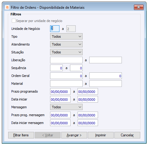 Filtro de ordens - Disponibilidade de Materiais