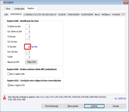 TG Tipo Item no SPED