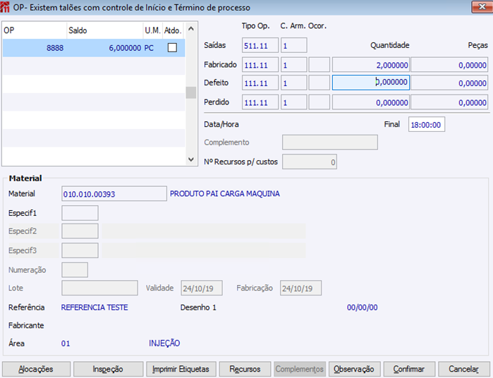 OP - Existem Talões com Controle de início e Término de Processo