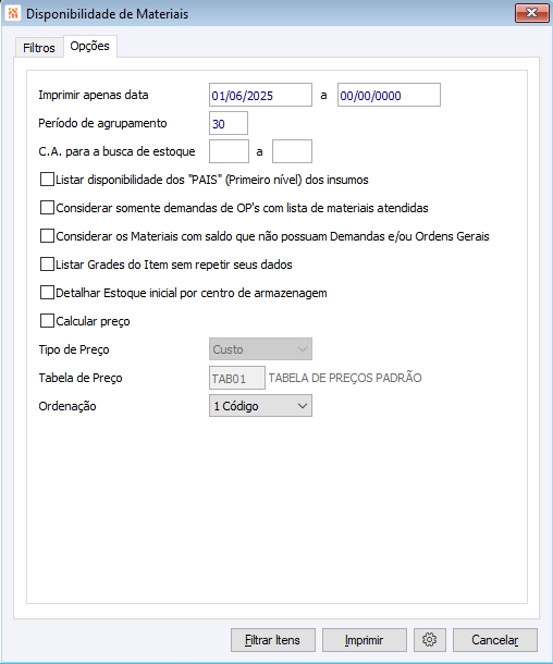 Filtro - Disponibilidade de Materiais