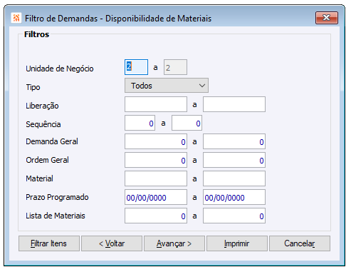 Filtro de Demandas - Disponibilidade de Materiais