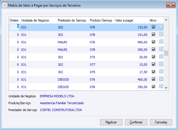 Matriz de Serviços de Terceiros a Pagar