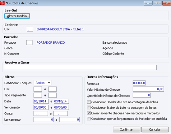 Remessa de Custódia de Cheques Configurável