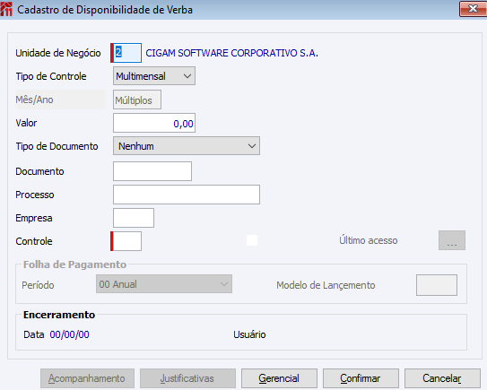 Cadastro de Disponibilidade de Verba