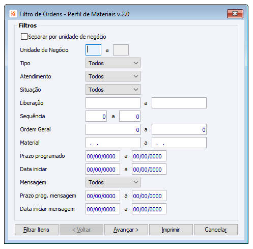 Filtro de Ordens - Perfil de Materiais v.0
