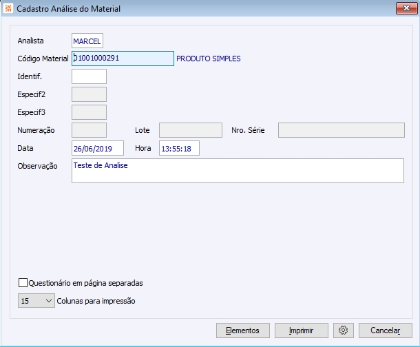Cadastro Análise química do Material