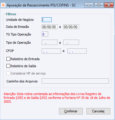 Apuração de Ressarcimento PIS/COFINS - SC
