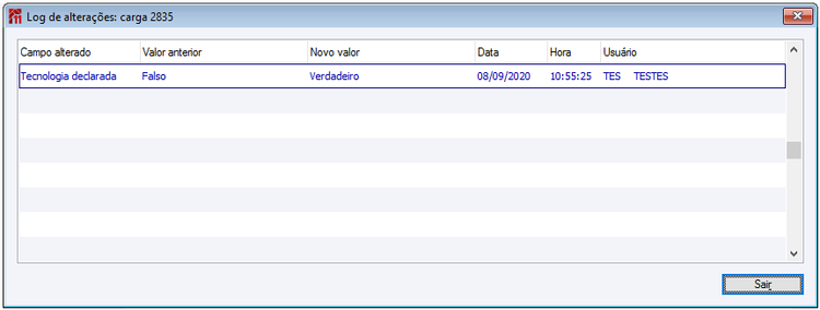 Log Alterações da carga