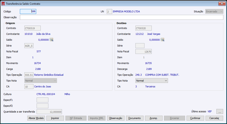 Transferência Saldo Contrato