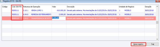 Registro E115 GIa RS