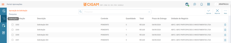 Menu - Aprovar Solicitações