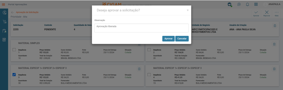 Confirmação aprovação Solicitação