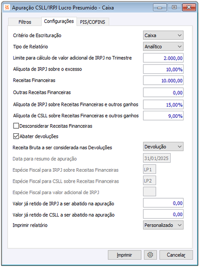 CSLL/IRPJ Lucro Presumido - Caixa
