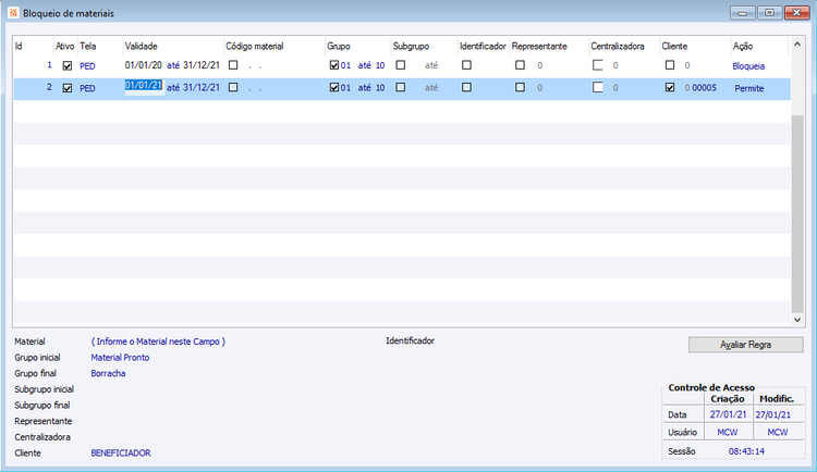 Bloqueio de Materiais 2 Regras
