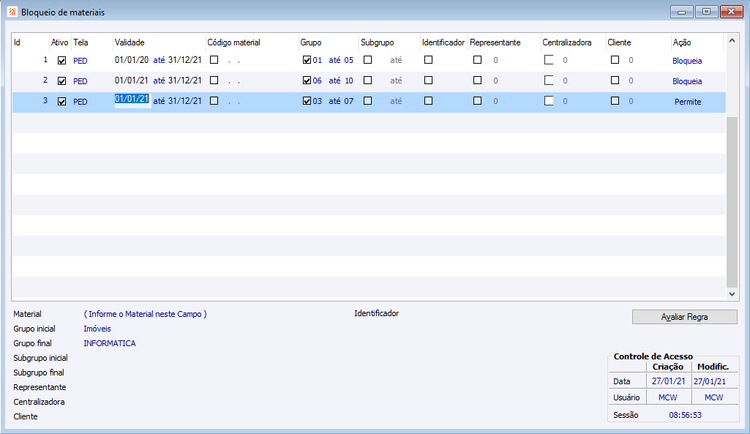 Bloqueio de Materiais 3 Regras