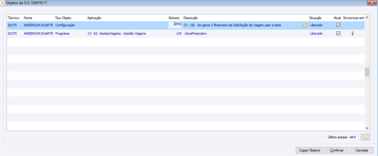 Botão Objetos da OS