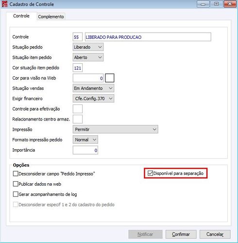 Cadastro de Controle para o ME