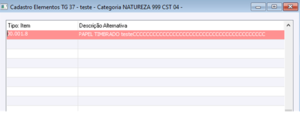 Cadastro Elementos TG 37 - Teste - Categoria NATUREZA 999 CST - 04