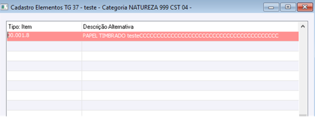 Cadastro Elementos TG 37 - Teste - Categoria NATUREZA 999 CST - 04