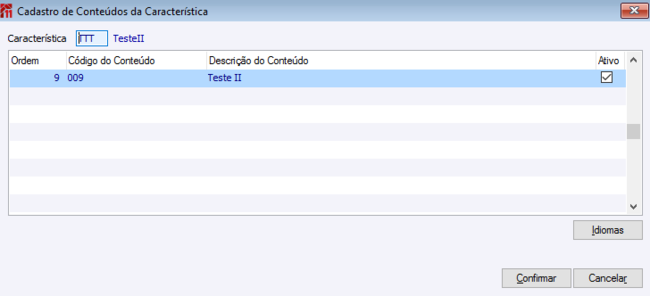Cadastro de Conteúdos da Características