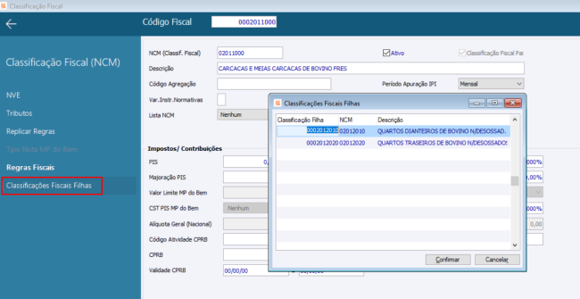 Classificação Fiscal Pai com as Classificações Fiscais Filhas_vinculadas