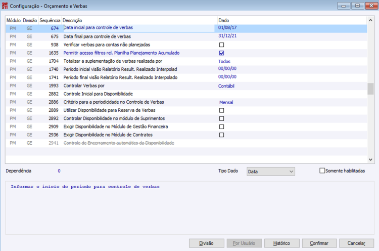 Configuração - Orçamento e Verbas