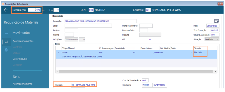 Integração CIGAM vs WMS Fullsoft - Requisição Atendida