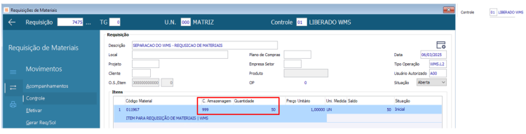 Integração CIGAM vs WMS Fullsoft - Requisição de Materiais