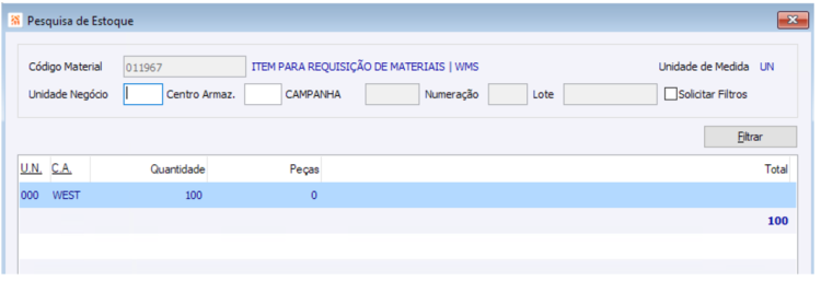 Integração CIGAM vs WMS Fullsoft - Requisição - Pesquisa de Materiais