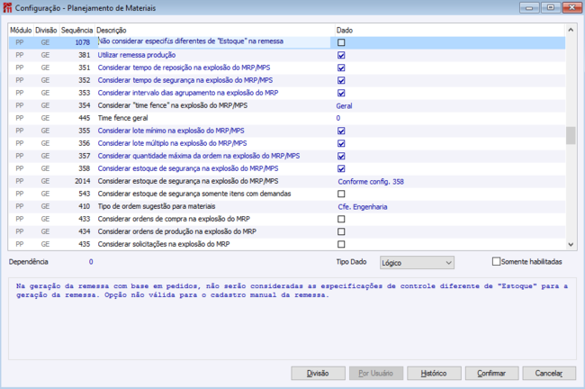Configuração - Planejamento de Materiais